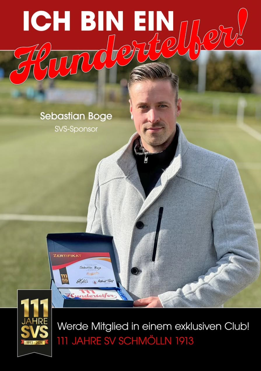 Sebastian Boge wird als Mitglied im Hundertelfer-Club des SV Schmölln 1913 vorgestellt.